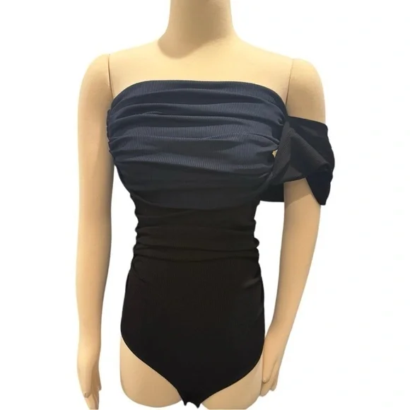 Goldsign Gelsey One-Shoulder Off the Shoulder 2-tone Ribbed Bodysuit Small NEW